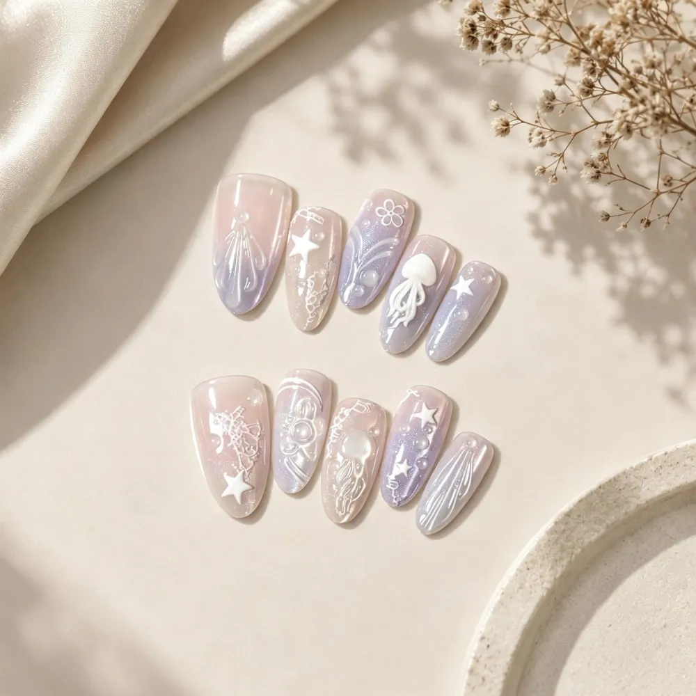 Nailhour 30Pcs Jellyfish Gradient Medium Almond French Press On Nails