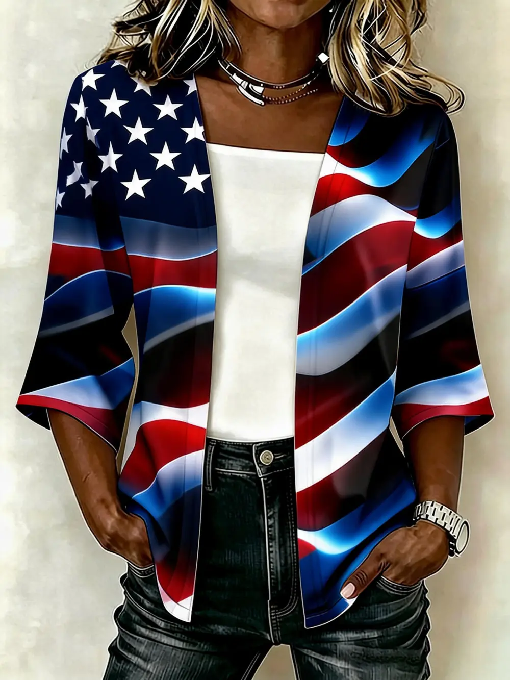 Women'S Casual Loose Independence Day Patriotic Cardigan