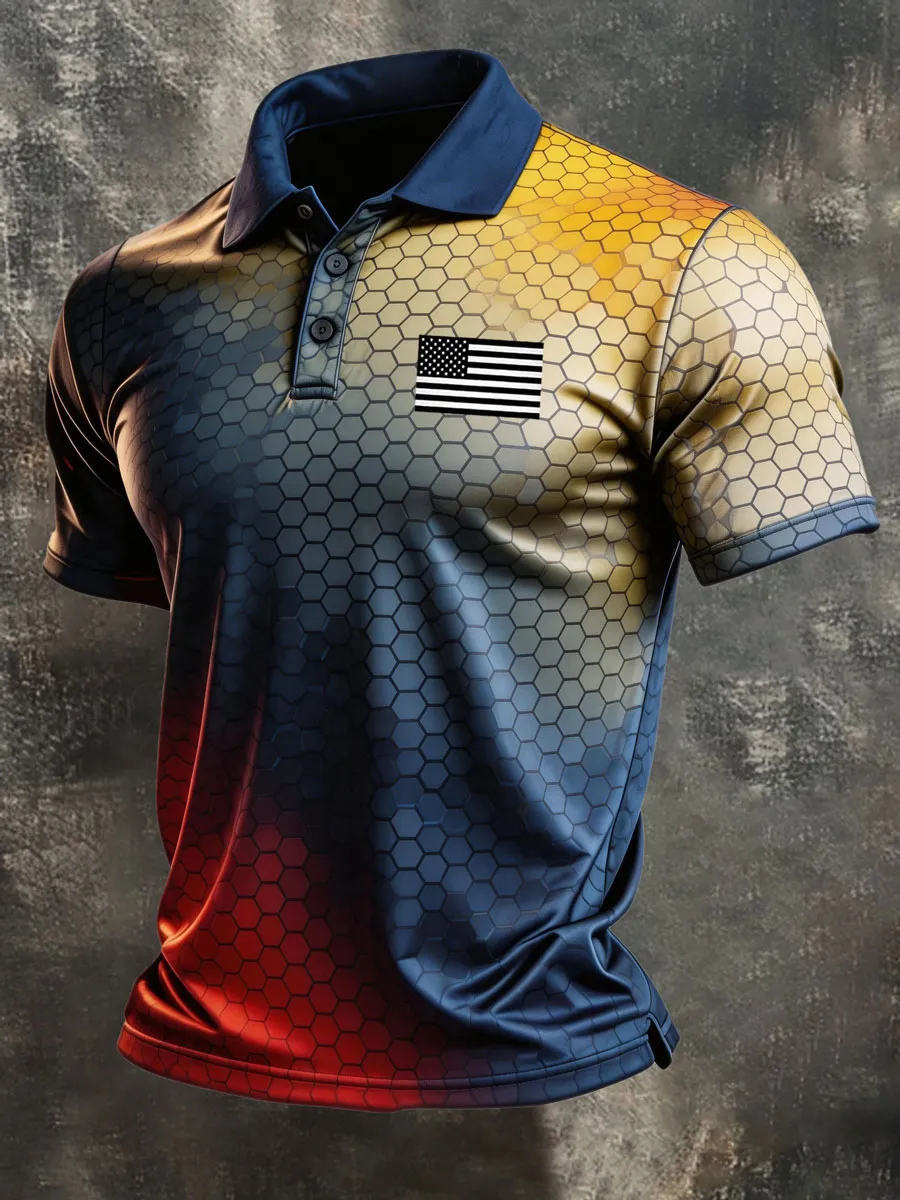 Men'S Retro Patriotic Color-Block Short-Sleeve Polo Shirt