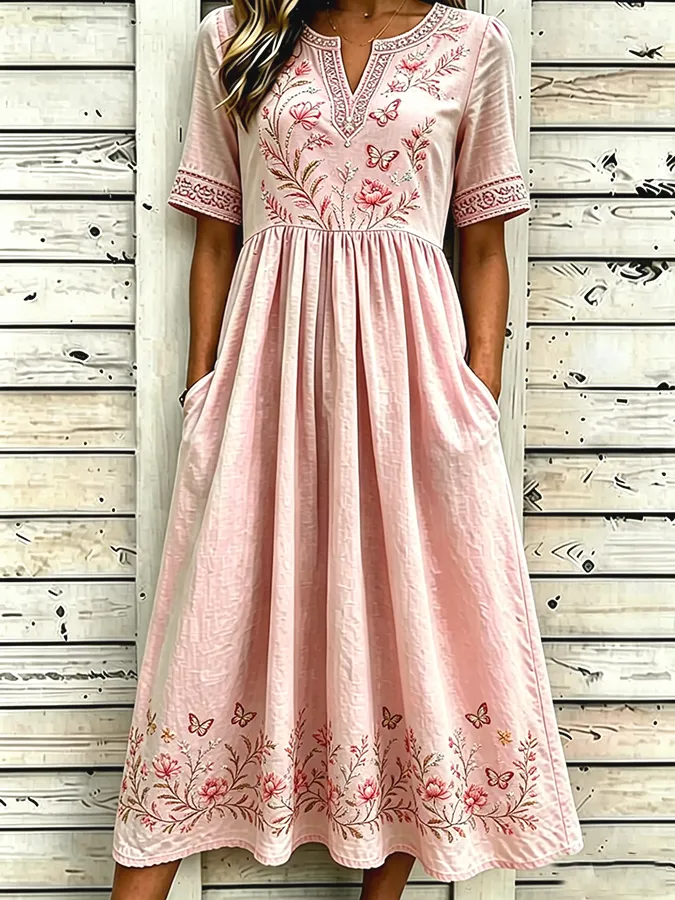 Women'S Casual Floral Cotton Linen Dress