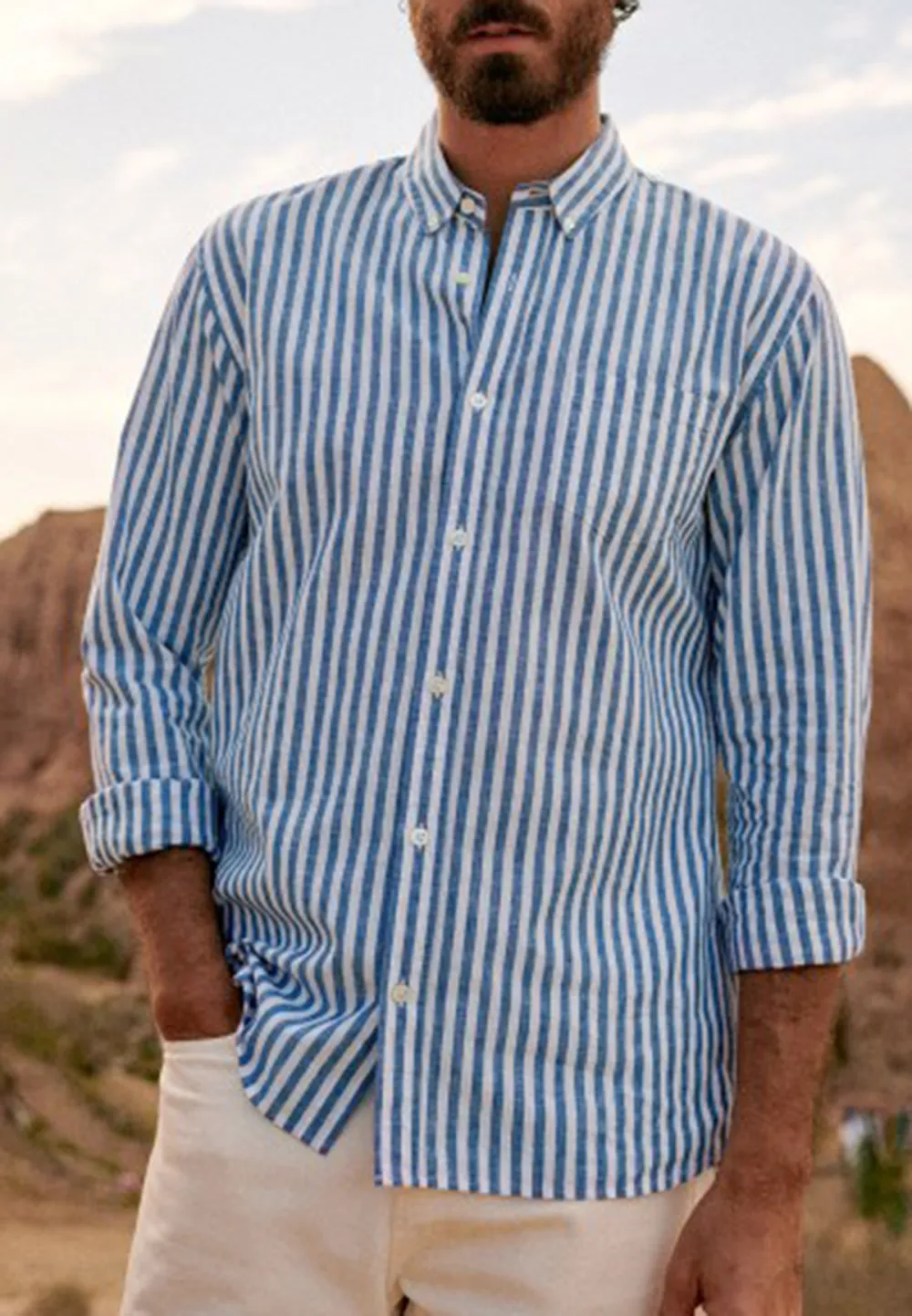 Cotton Linen  Shirt-Blue Stripes