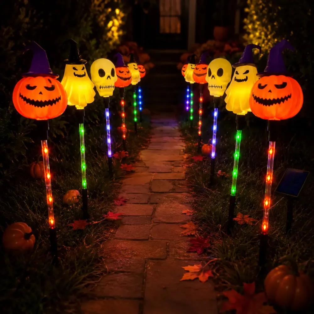 6pcs Halloween Solar Path Lights - Outdoor Ghost, Skeleton & Pumpkin Stake Lights with 8 Modes