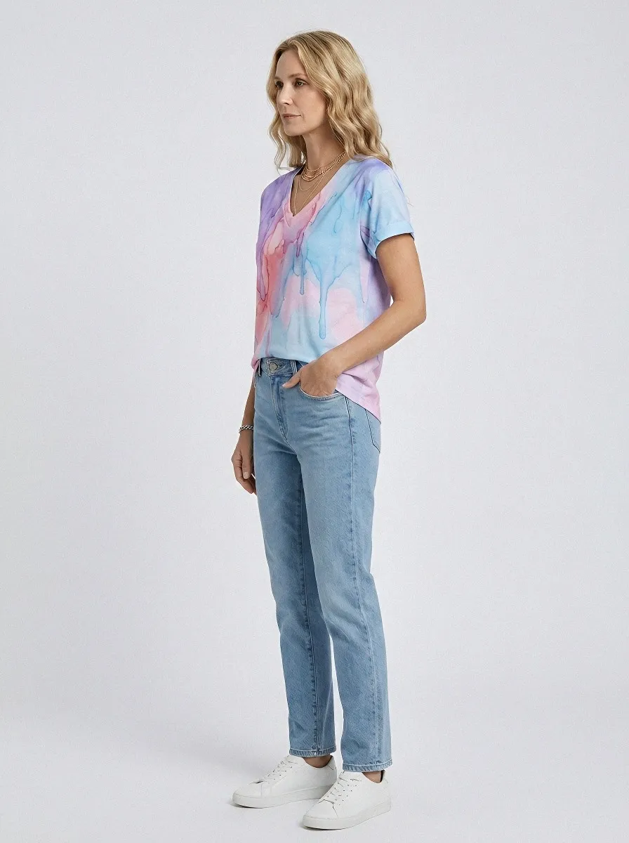 Women's Breast Cancer Awareness Watercolor Drip Printed V-neck T-shirt