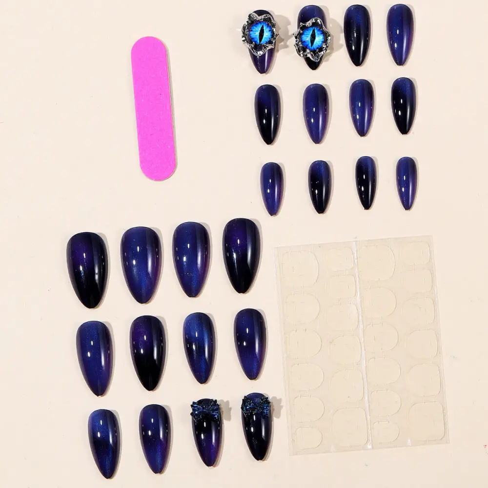 Nailhour 24Pcs Blue Cat Eye Medium Almond Press On Nails