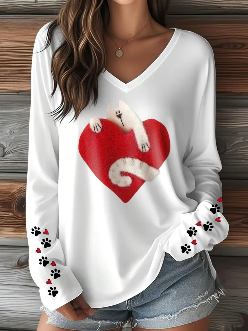 Women's T-shirt With Cute Cat Print And V-Neck And Long Sleeves