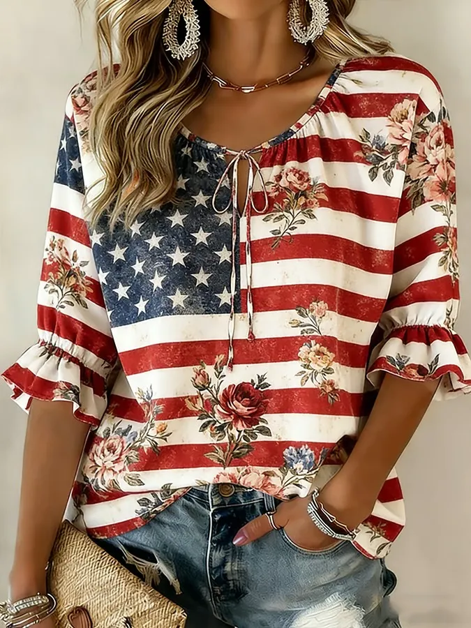 Women's Round Neck Patriot Print Cotton And Linen Top