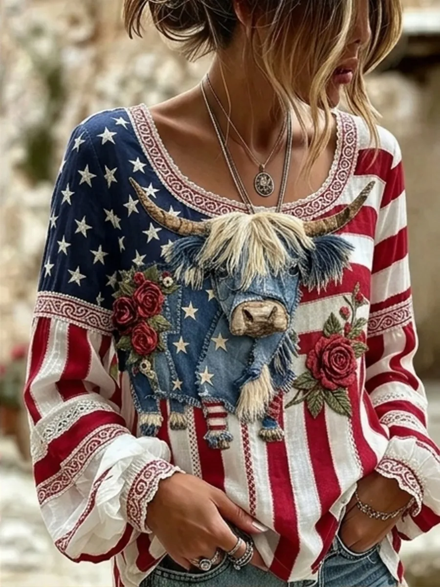 Vintage Highland Cow & Flag Patchwork Print Women's Linen Long Sleeve Shirt