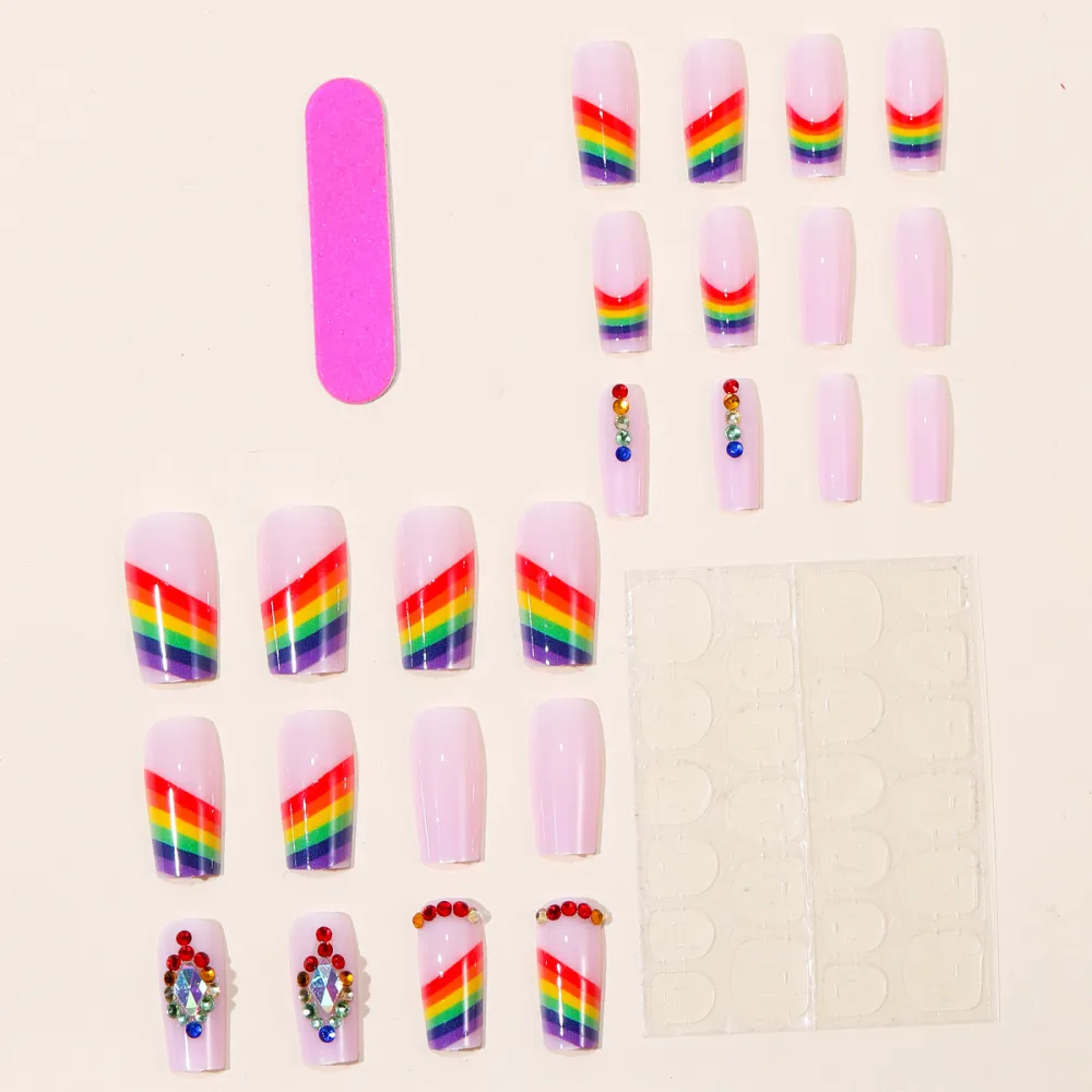 Nailhour 24Pcs Rainbow Striped French Medium Square Press On Nails