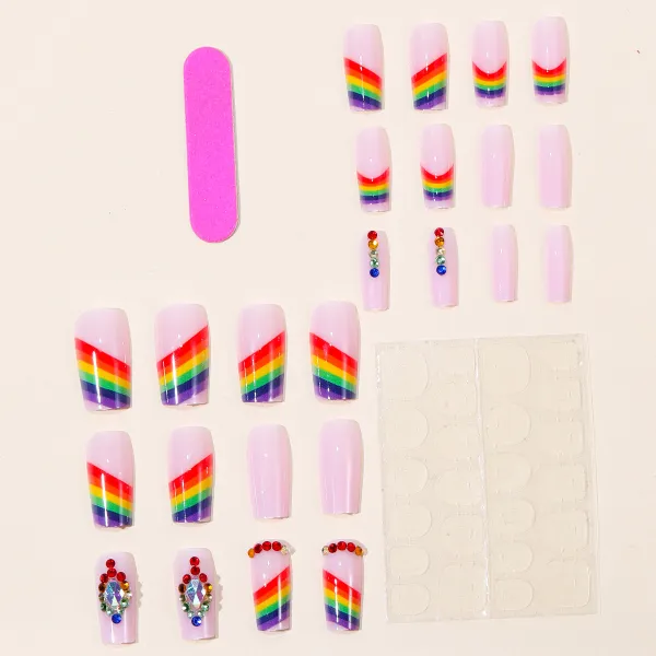 Nailhour 24Pcs Rainbow Striped French Medium Square Press On Nails