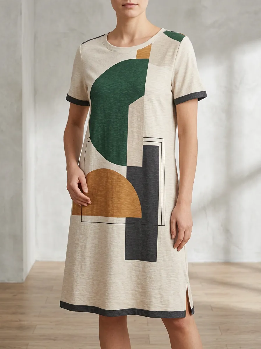 Women's Short Sleeve Geometric Print Crew Neck Shift Dress