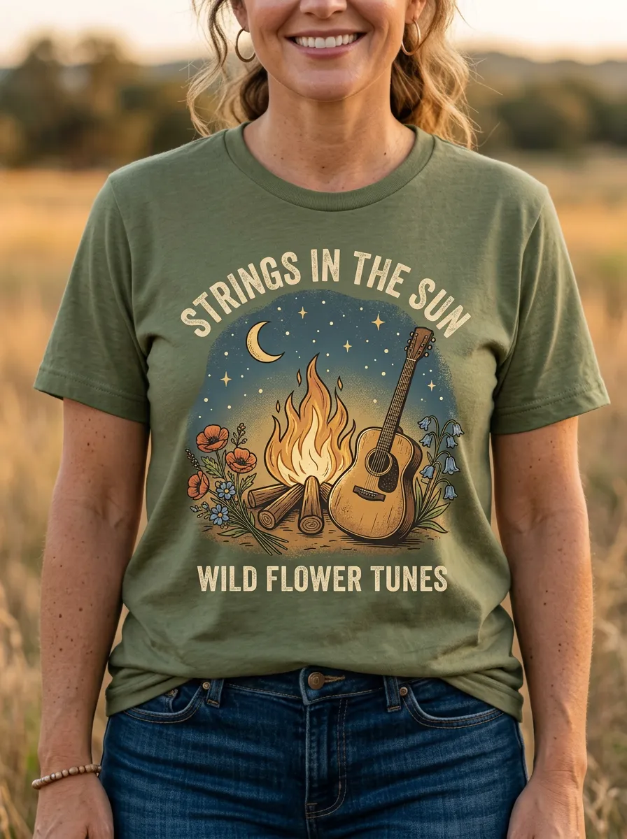 Guitar Campfire Floral Wildflower Women's Country Music Crew-Neck T-Shirt