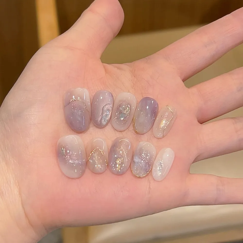 Nailhour 10Pcs Gilded Glitter Purple Short Oval Press On Nails