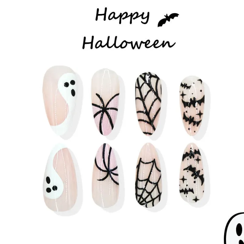 Nailhour 24Pcs Halloween Medium Almond Pink Ghost Press On Nails