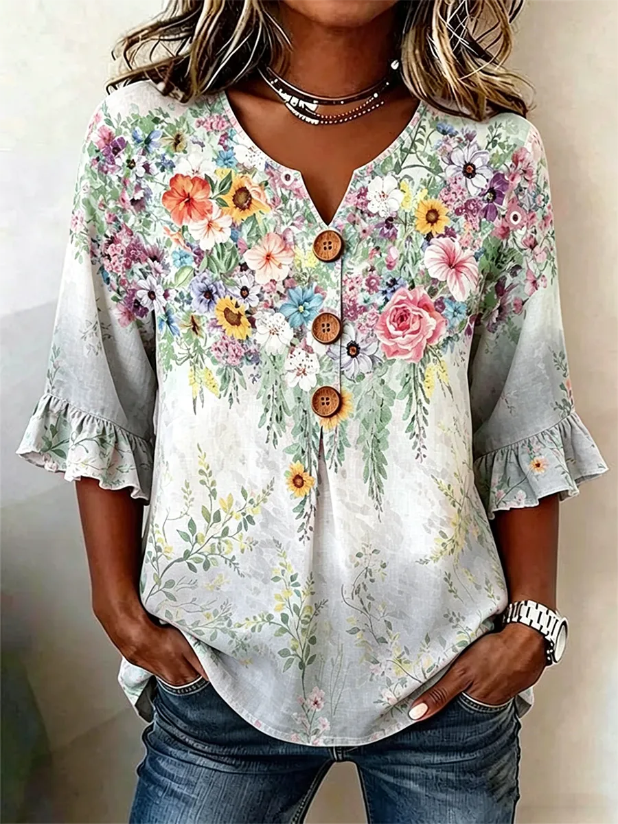 Women's Half Sleeve Floral Lightweight Loose Shirt