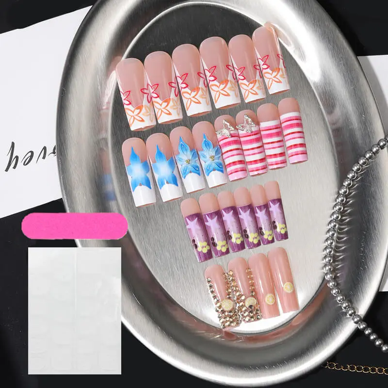 Nailhour 24Pcs French 3D Y2K Extra Long Square Press On Nails