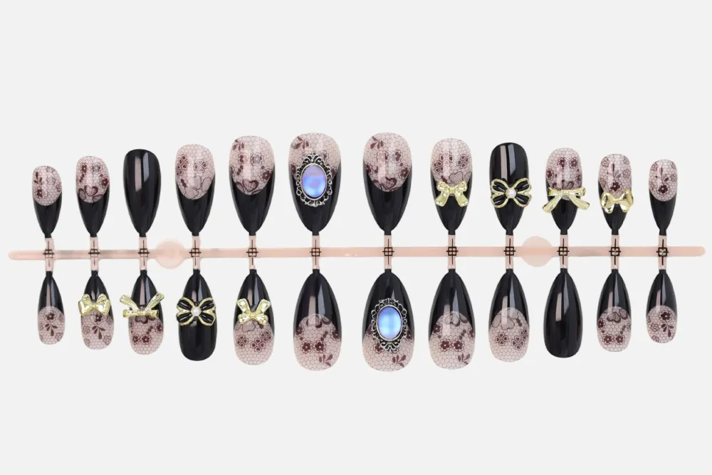 Nailhour 24Pcs Rhinestone 3D Medium Almond Vintage French Press On Nails