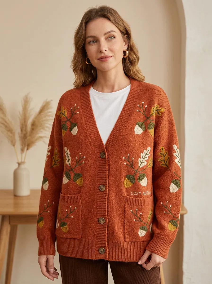 Botanical Acorn Oak Leaf Embroidered Women's Knit Cardigan