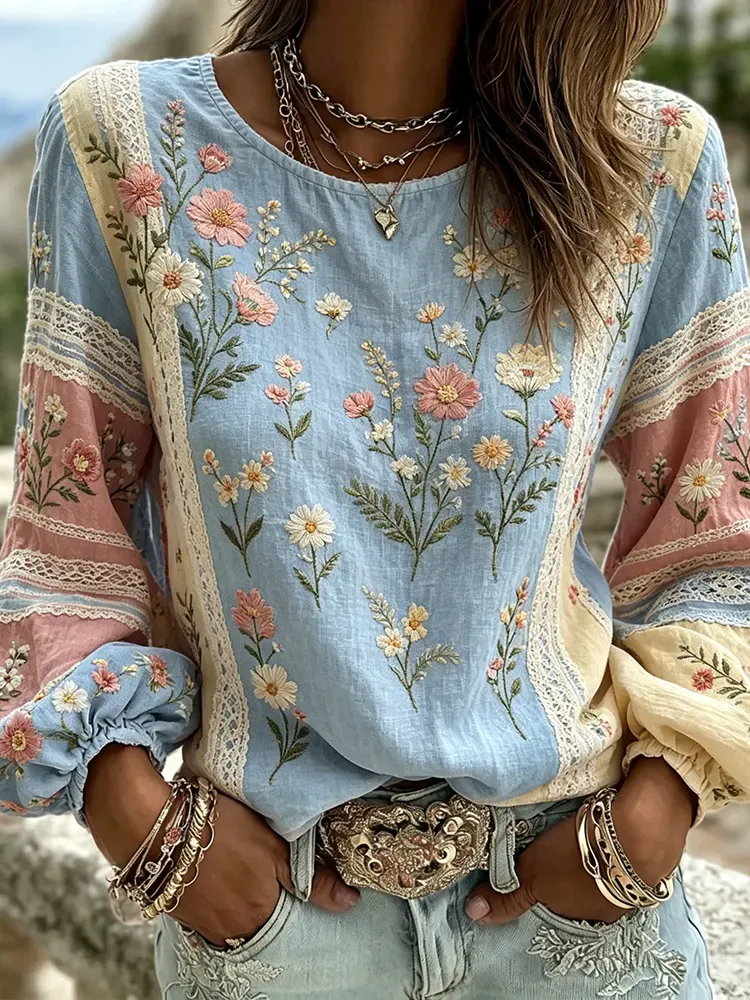 Women'S Floral Print Fresh Round Neck Top