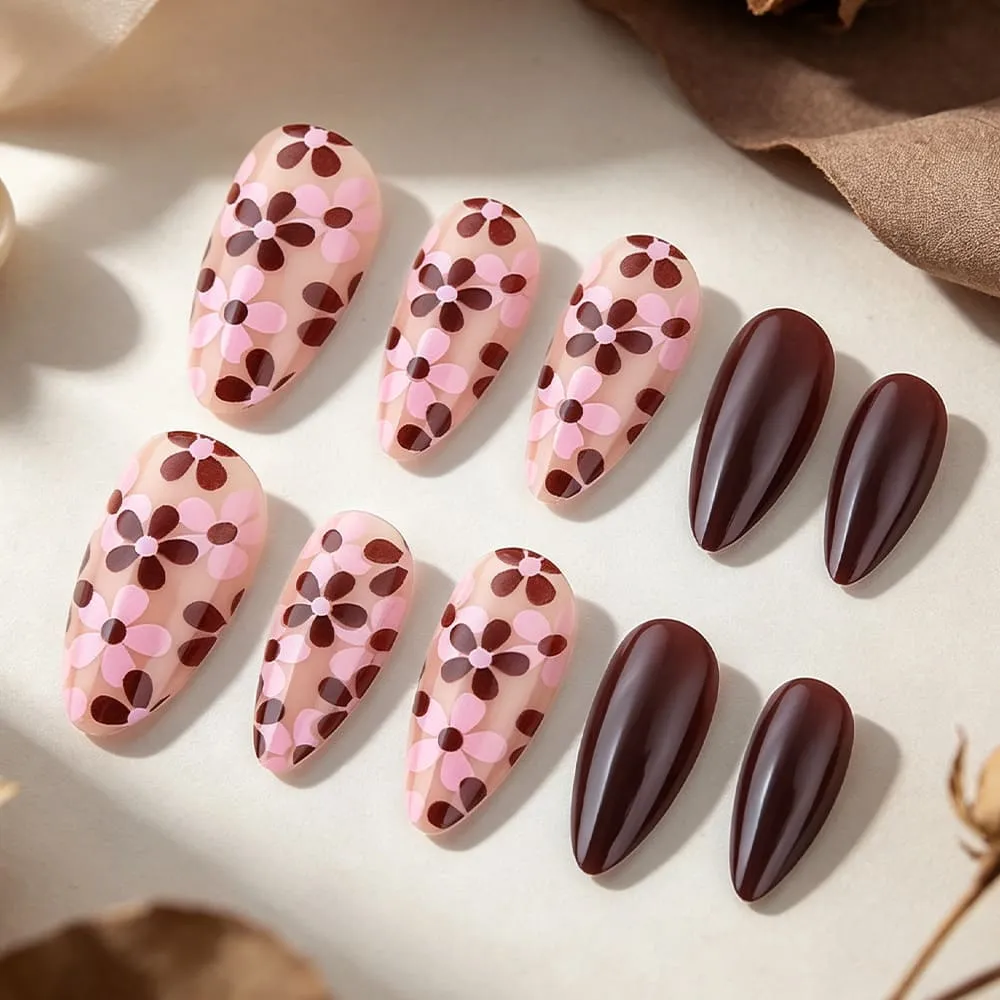 Nailhour 24Pcs Autumn Vintage Floral Short Almond Press On Nails