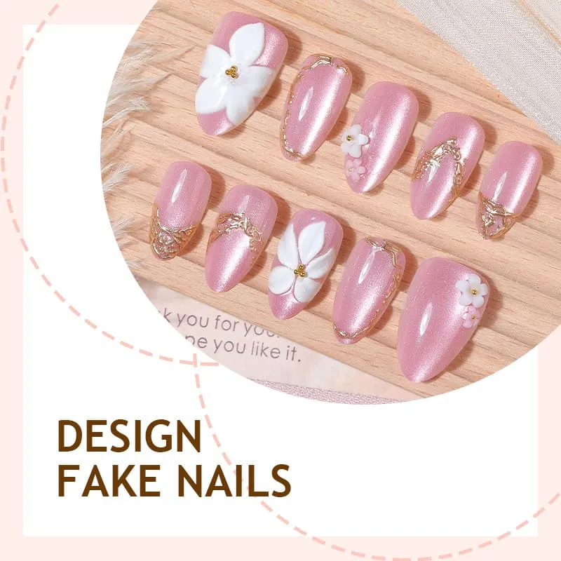 Nailhour 30Pcs Pink Floral 3D Medium Almond Cat Eye French Press On Nails
