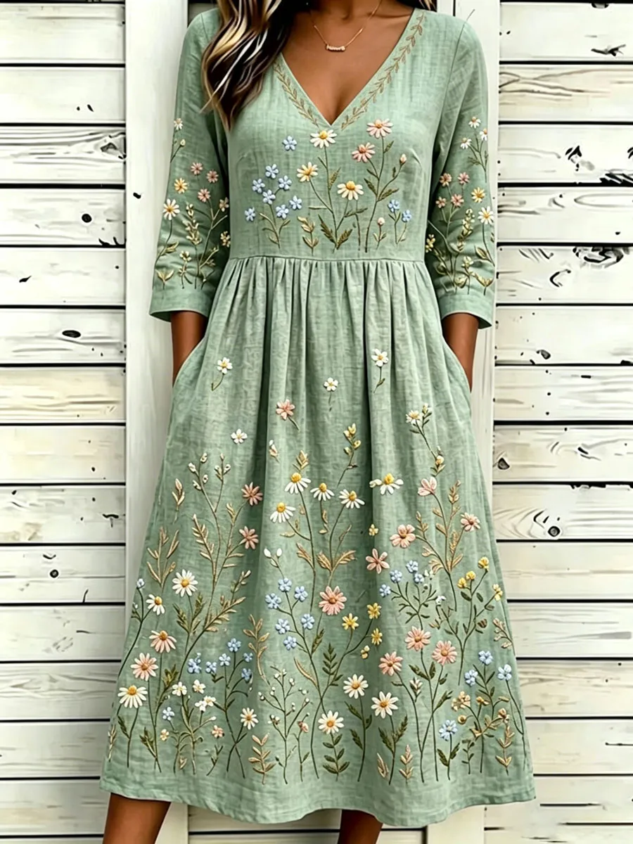 Women'S Cotton And Linen Casual Printed Dress