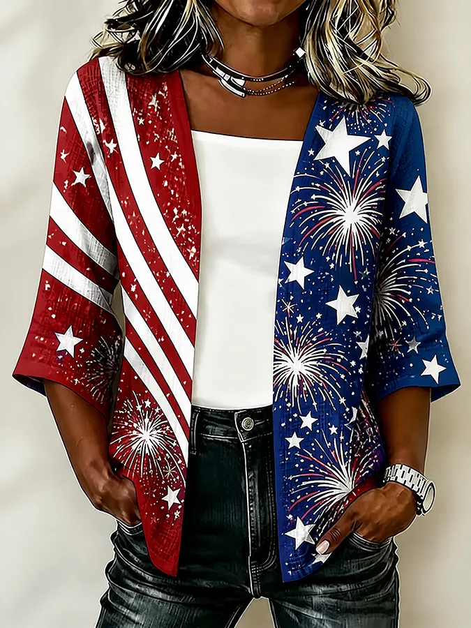 Women'S Casual Loose Independence Day Patriotic Cardigan