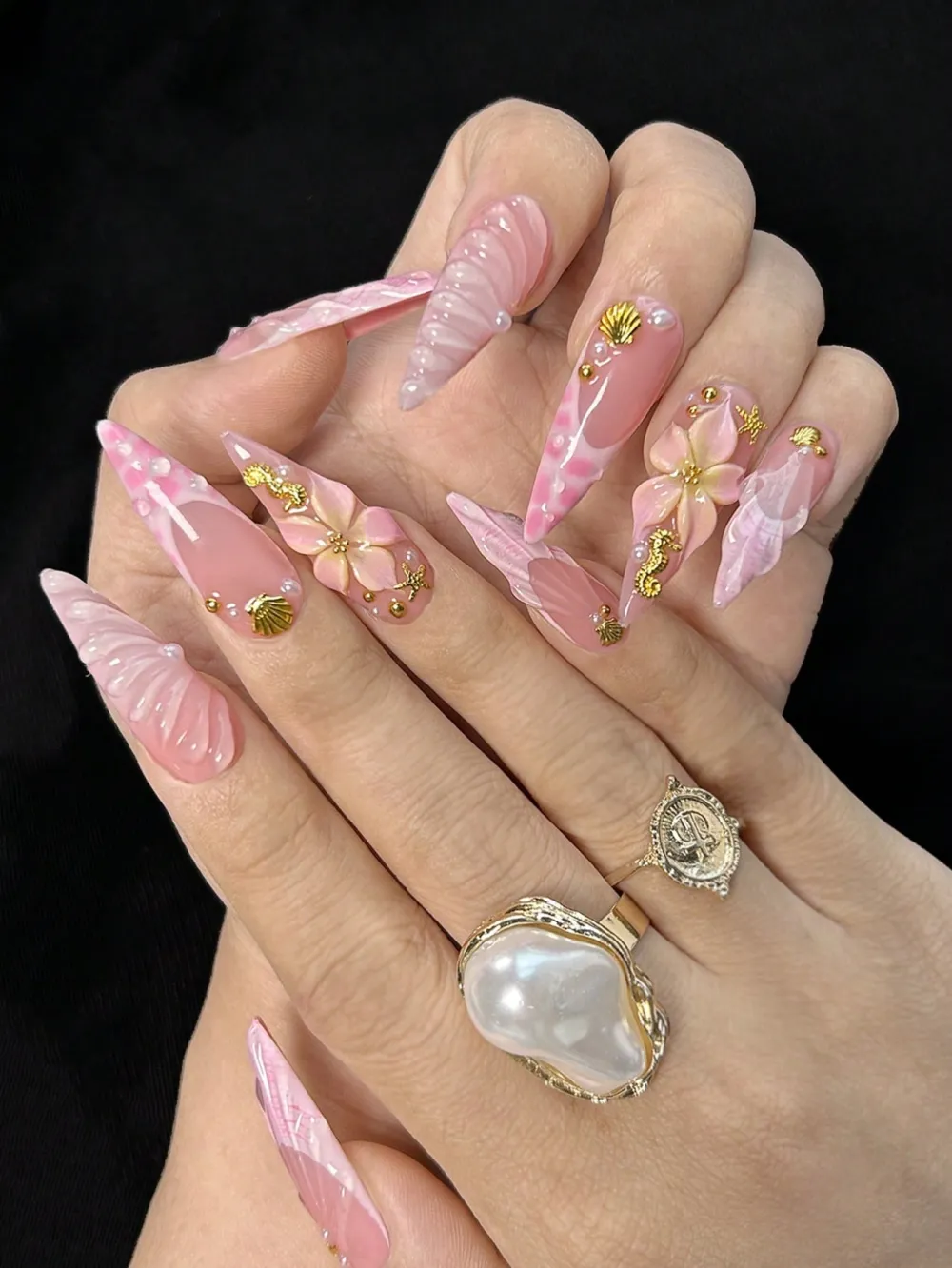 Nailhour 10pcs Handmade Long Stilettos Pink French Fingertips Fake Nails