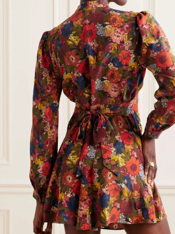 Vibrant Floral Tie-Neck Mini Dress
