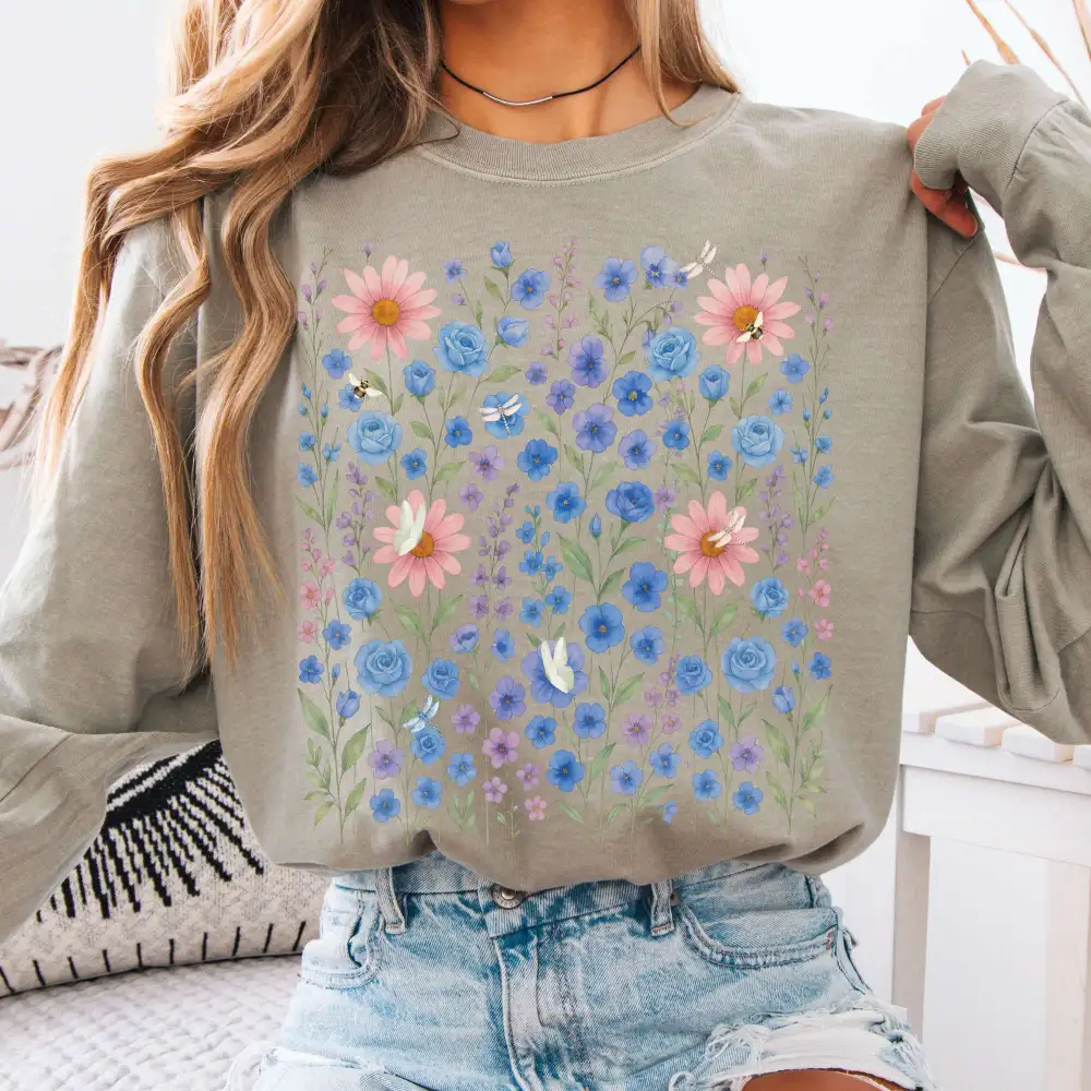 Blue Violet Wildflowers Long Sleeve Shirt