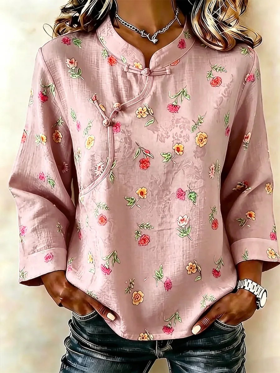 Women'S Cotton And Linen Floral Print Top