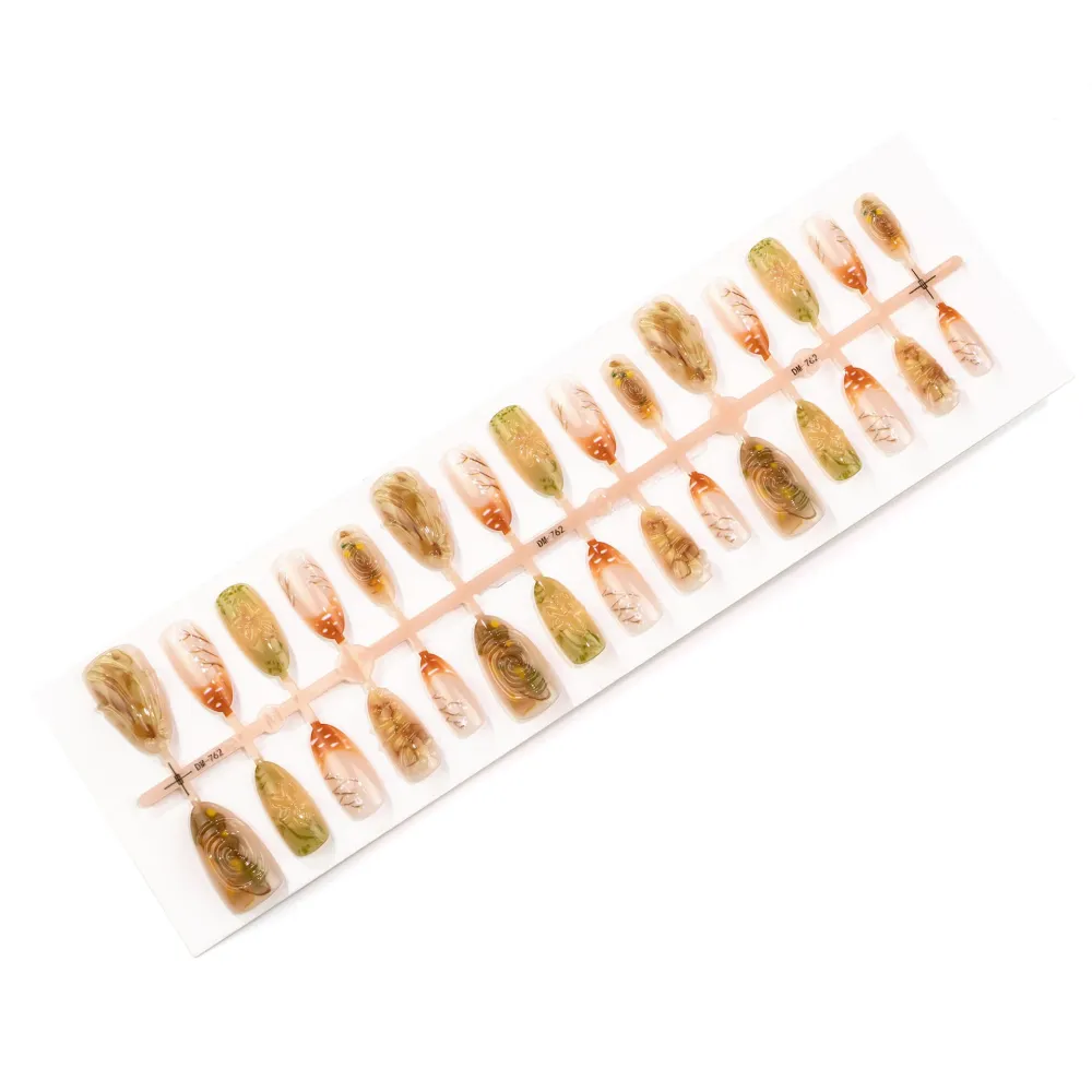 Nailhour 30Pcs 3D Floral Autumn French Gilded Medium Almond Press On Nails