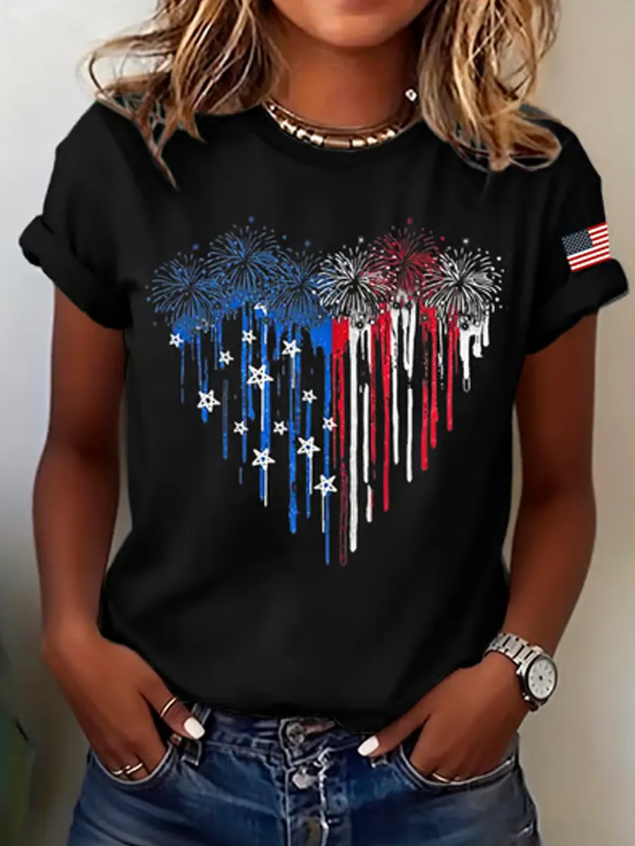 Women's casual round neck Patriot printed T-shirt