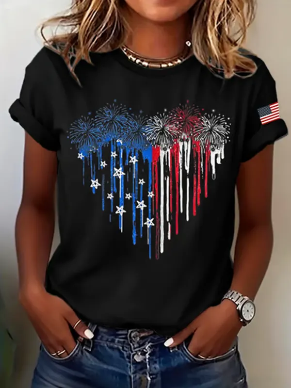 Women's casual round neck Patriot printed T-shirt