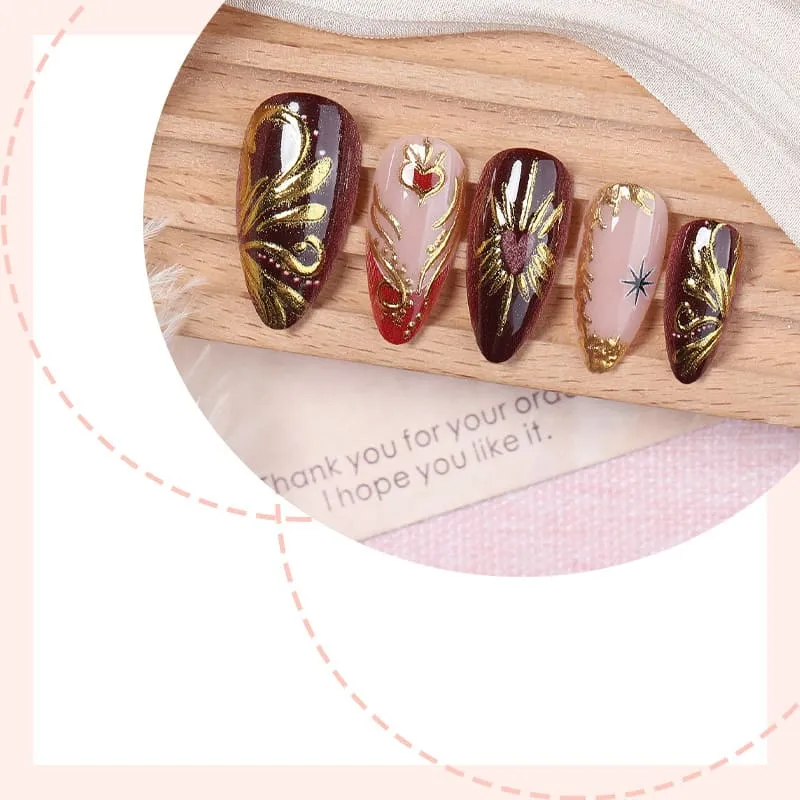 Nailhour 24Pcs Gilded Floral Red Medium Almond Press On Nails