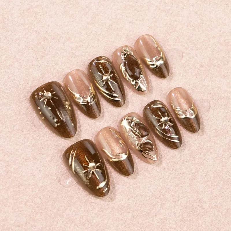 Nailhour 30Pcs Autumn Brown Gilded Medium Almond Press On Nails