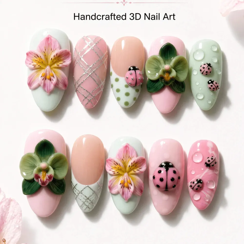 Nailhour 30Pcs 3D Resin Long Medium French Press On Nails