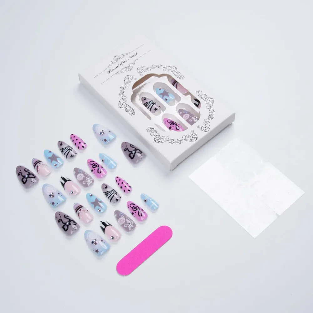 Nailhour 24Pcs Heart Pearl Medium Almond French Press On Nails