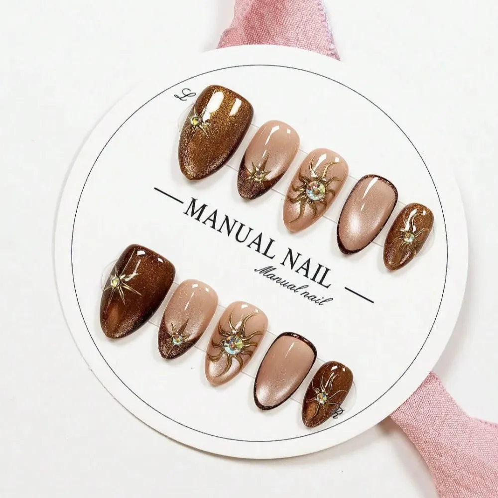 Nailhour 10Pcs Gilde Brown Medium Almond Press On Nails