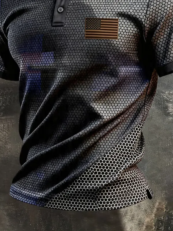 Men's Retro Patriotic Color-Block Short-Sleeve Polo Shirt