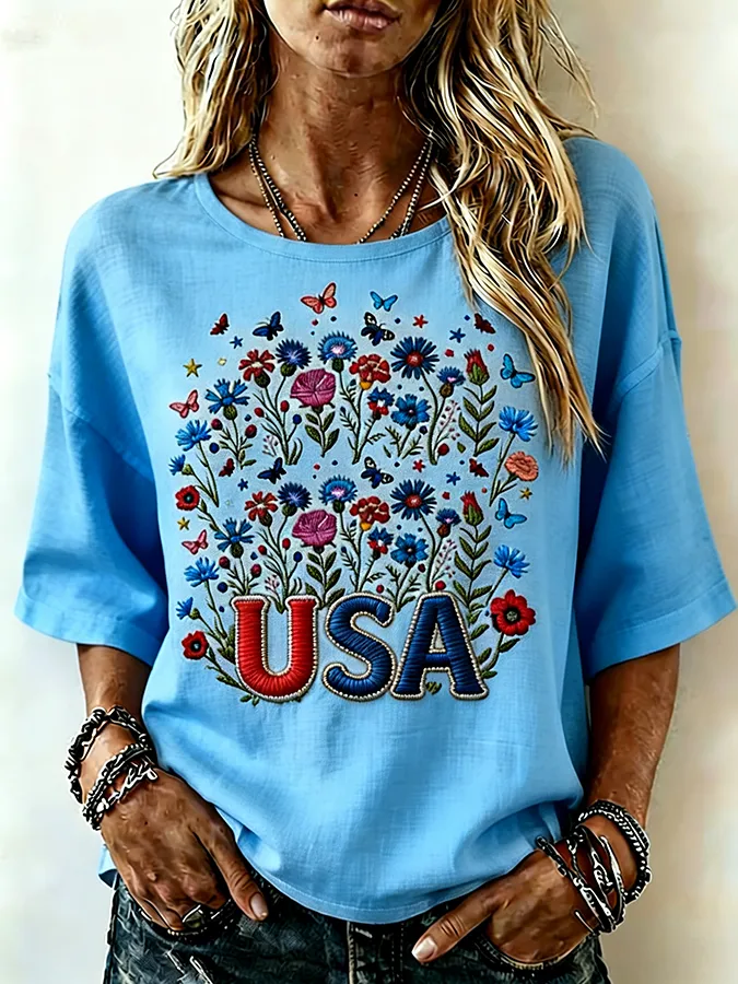 Women's USA Floral Embroidered Casual Loose Top