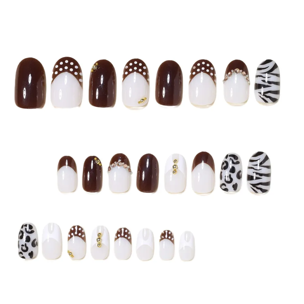 Nailhour 24Pcs French Rhinestone Short Oval Press On Nails