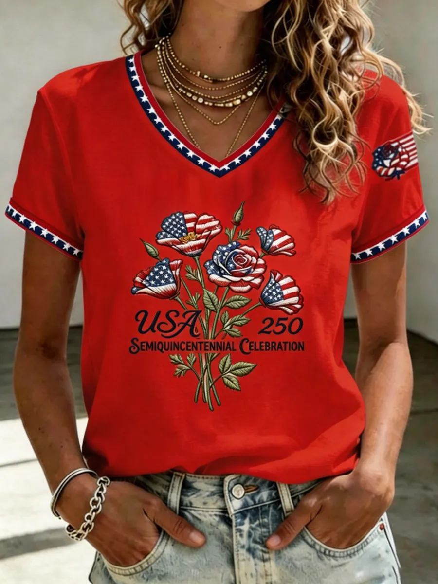U.S. 250th Anniversary Rose Art Women's V-Neck T-Shirt