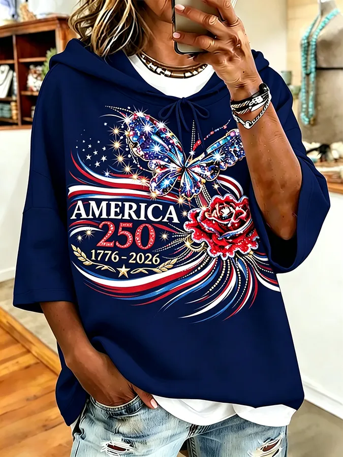 Women's Wear Anniversary American Butterfly Rose Printed Casual Hoodie