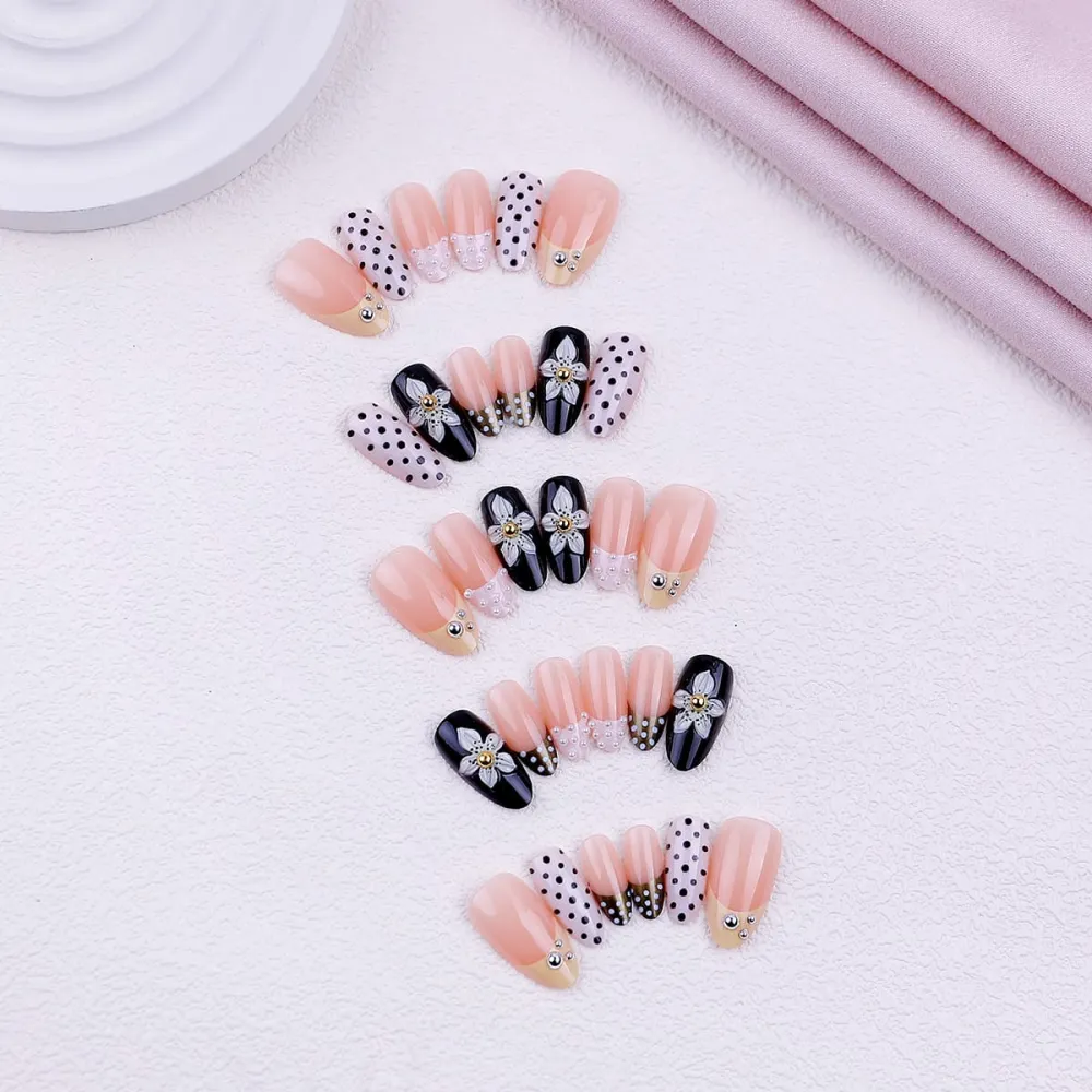 Nailhour 30Pcs 3D Medium Almond French Polka Dot Press On Nails