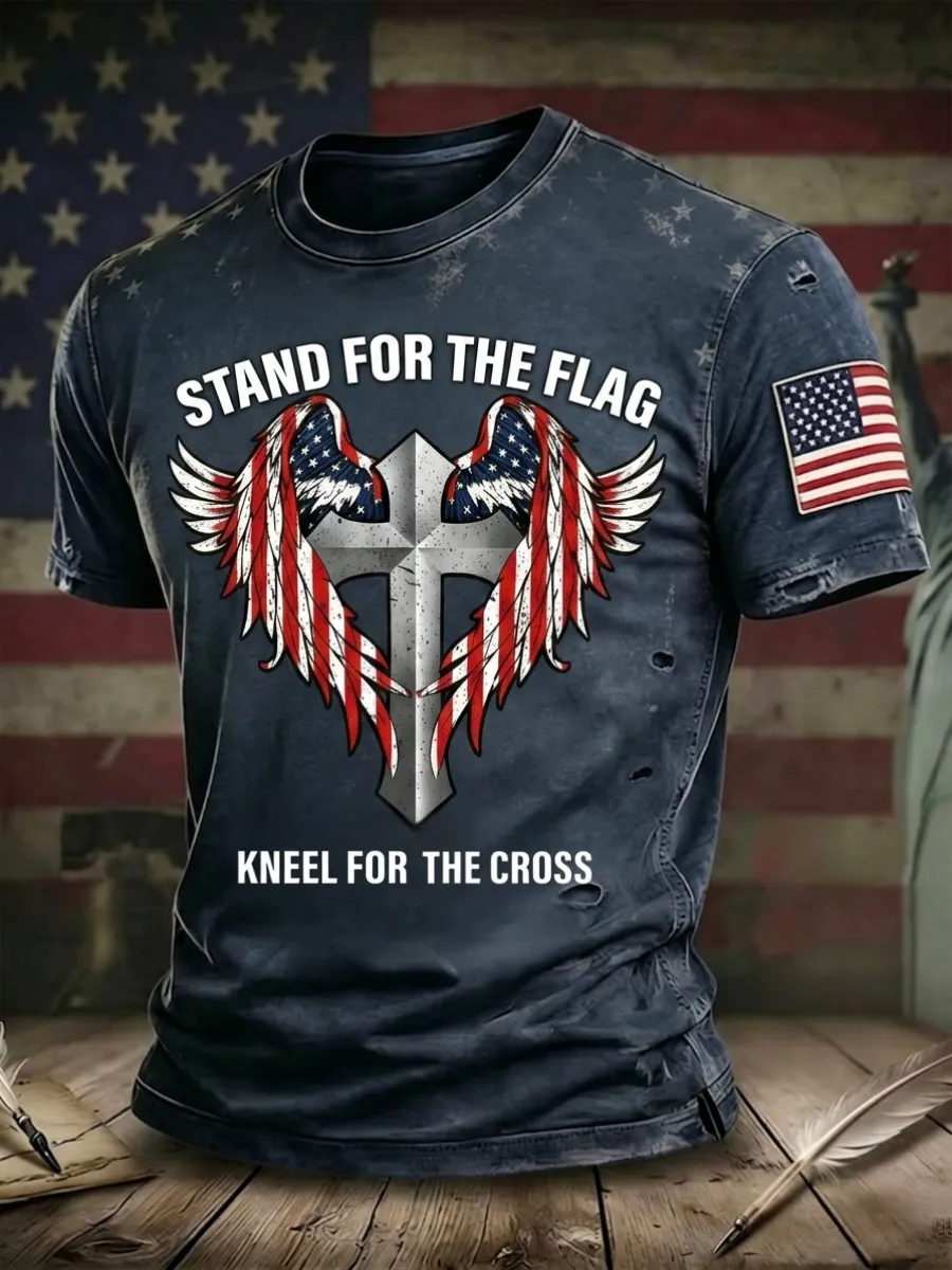 Men's America's 250th Anniversary Stand For The Flag Kneel For The Cross Faith Christian Cross Print T-Shirt