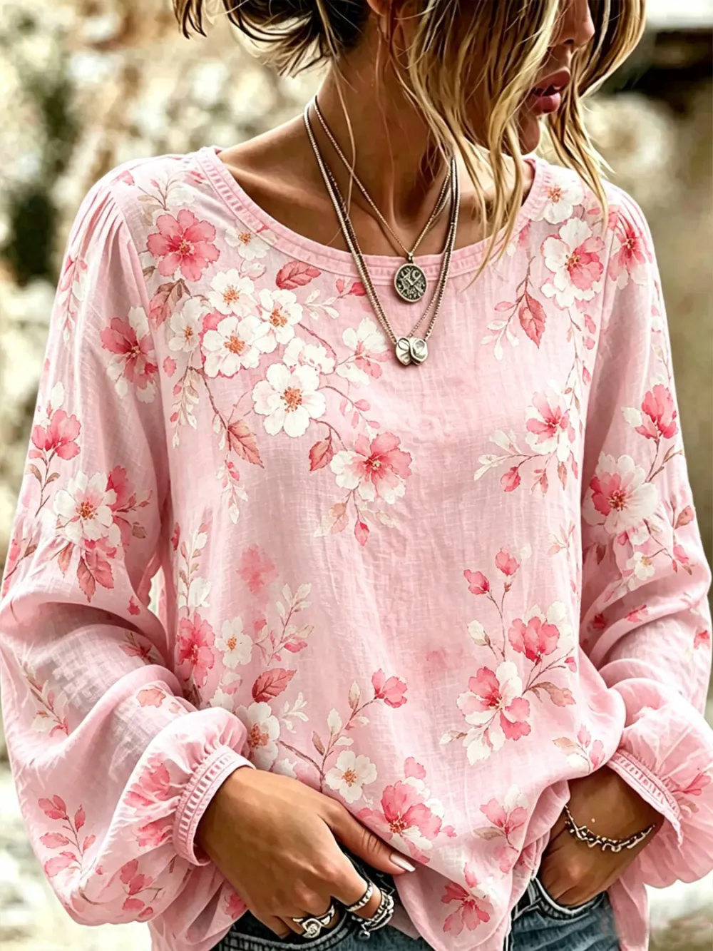 Women'S Printed Pink Art Round Neck Shirt
