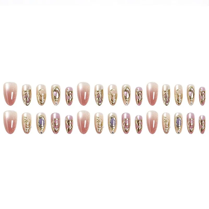 Nailhour 30Pcs Nude 3D Gilded Medium Almond French Press On Nails