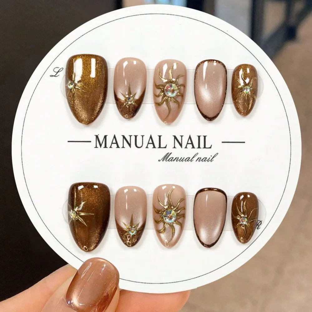 Nailhour 24Pcs Brown Cat Eye Gilded Handmade Short Almond Press On Nails