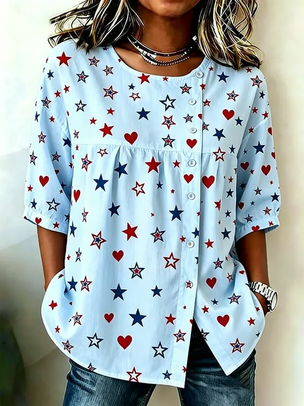 Ladies' Casual American Star Spangled Floral Printed Cotton And Linen Top
