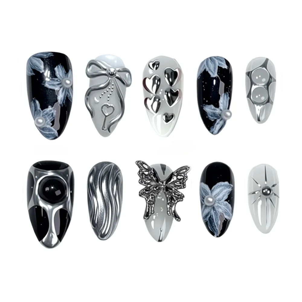 Nailhour 24Pcs Black 3D Gothic Chrome Medium Almond Press On Nails